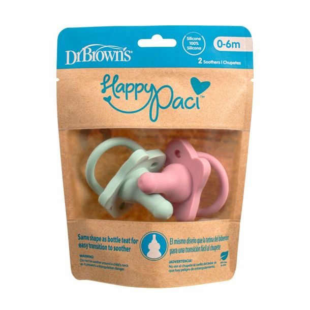 Πιπίλα όλο σιλικόνη 2τμχ Happy Paci DR BROWN\'S, χρώμα ροζ-πράσινη PS12007