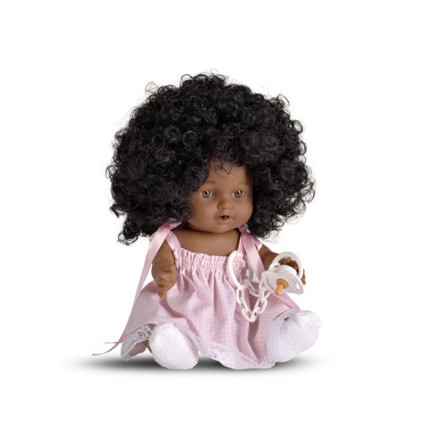 MAGIC BABY Κούκλα MY BABIES Σγουρά Μαύρα Μαλλιά με ροζ φόρεμα και πιπίλα 30εκ. MB3002