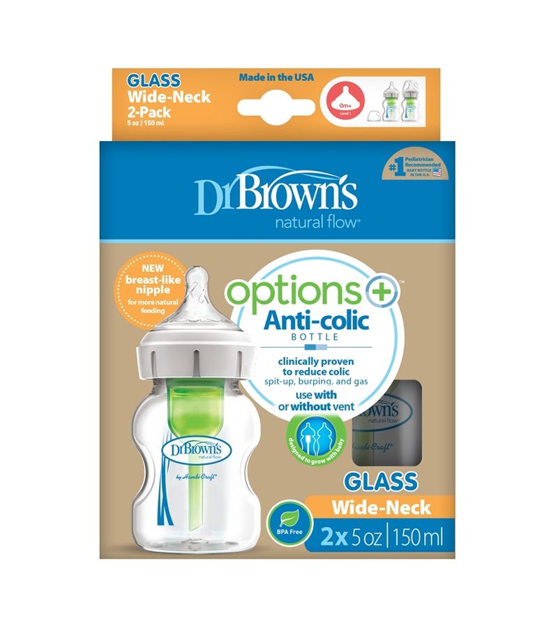 Μπιμπερό γυάλινο με φαρδύ λαιμό DR BROWN\'S Natural Flow Options 150ml 2 τεμ WB52700