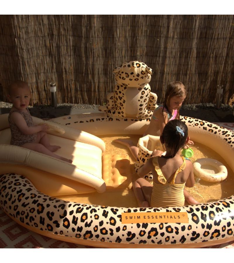 SWIM ESSENTIALS Φουσκωτή πισίνα 203x173x89εκ. με τσουλήθρα και παιχνίδια για παιδιά από 3 ετών - Beige Leopard SWE-2020SE304