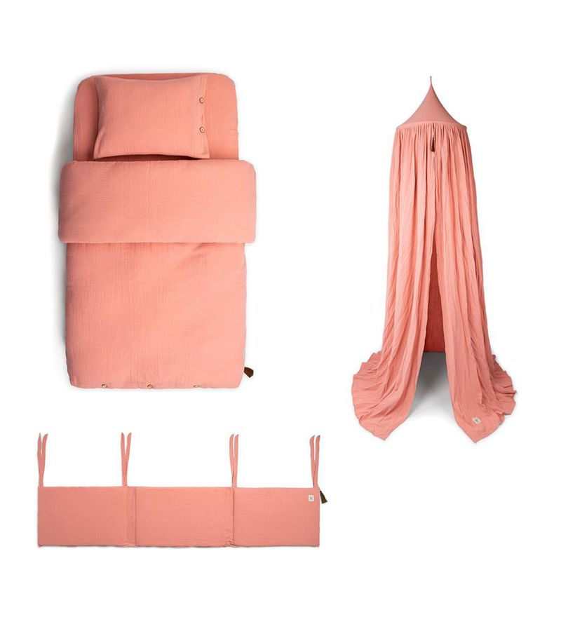 Σετ προίκας μωρού Μουσελίνα FUNNA BABY Coral Pink (σετ παπλωματοθήκης + κουνουπιέρα + πάντα)