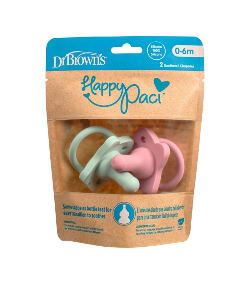 Πιπίλα όλο σιλικόνη 2τμχ Happy Paci DR BROWN\'S, χρώμα ροζ-πράσινη PS12007