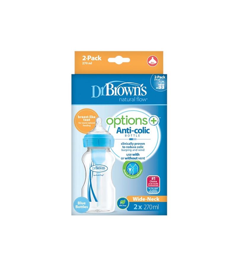 Μπιμπερό πλαστικό με φαρδύ λαιμό DR BROWN\'S Options + 270ml 2 τεμ WB92602 ΜΠΛΕ 0+ μηνών