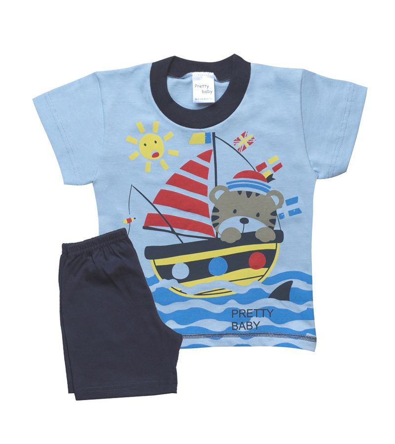 PRETTY BABY Πυτζάμα με τύπωμα κ ψιλή πλέξη υφάσματος βαρκούλα σιέλ 65351