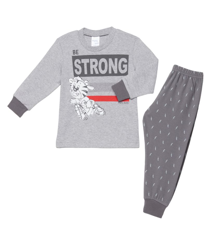 PRETTY BABY Πυτζάμα Be Strong 68186 Γκρι Μελ-Ανθρακί βρεφική χειμερινή με τύπωμα, βαμβακερή 100% 