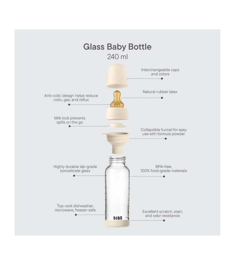 Μπιμπερό BIBS Γυάλινο Στρογγυλή Θηλή Latex 240ML Μεσαία Ροή Ivory 5020216