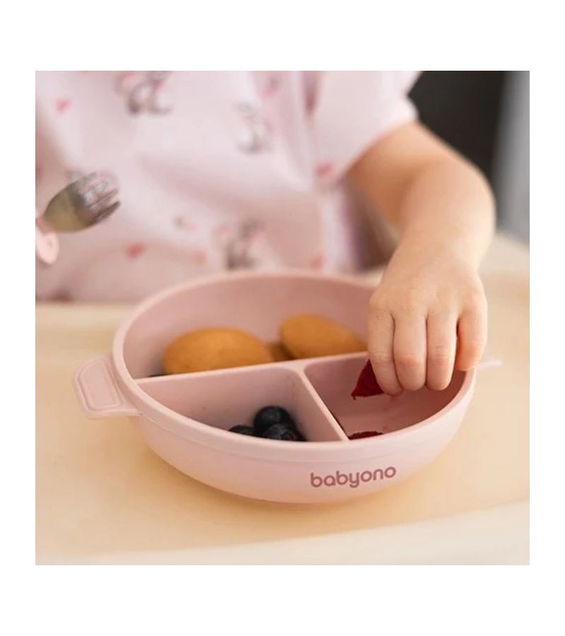 Πιάτο σιλικόνης BABYONO με 3 θέσεις, καπάκι & βάση με βεντούζα - Ροζ BN1661/02