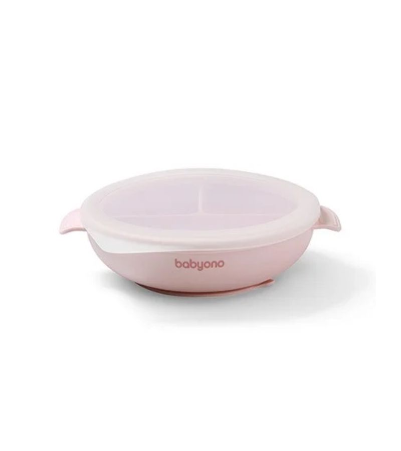 Πιάτο σιλικόνης BABYONO με 3 θέσεις, καπάκι & βάση με βεντούζα - Ροζ BN1661/02