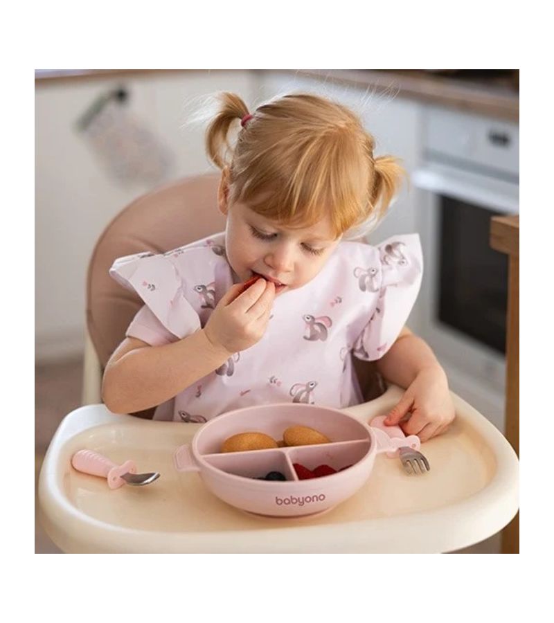 Πιάτο σιλικόνης BABYONO με 3 θέσεις, καπάκι & βάση με βεντούζα - Ροζ BN1661/02