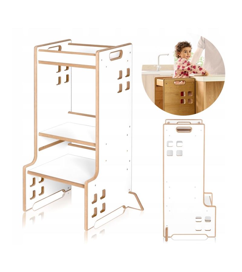 Lionelo Cass Montessori Ξύλινος Πύργος Εκμάθησης & Βιβλιοθήκη 2 σε 1 – 88cm White