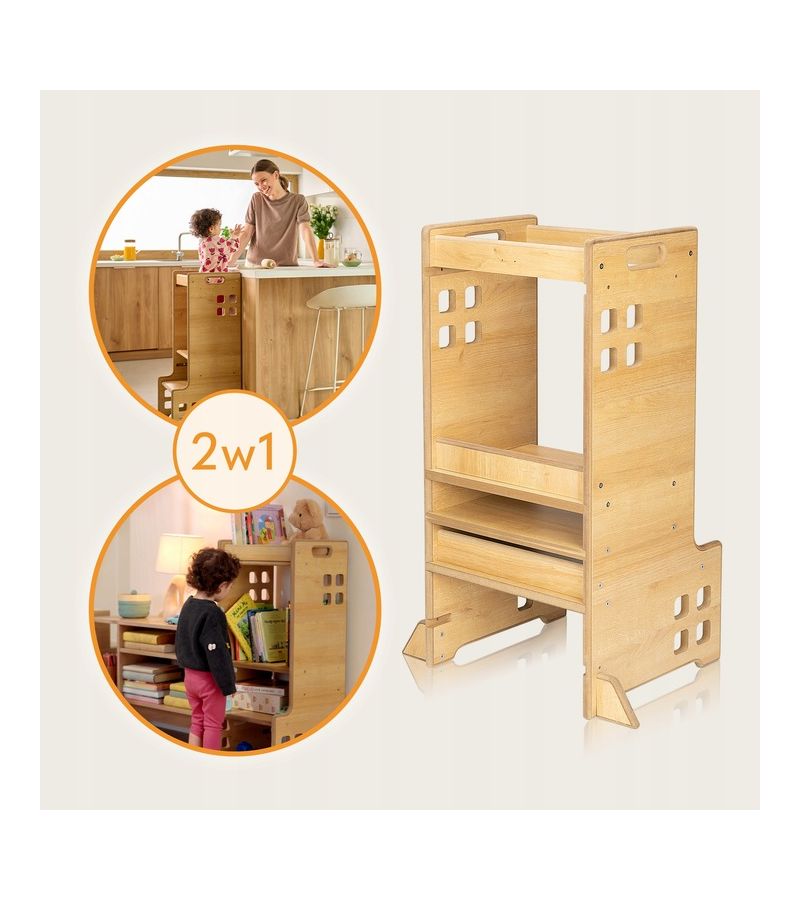 Lionelo Cass Montessori Ξύλινος Πύργος Εκμάθησης & Βιβλιοθήκη 2 σε 1 – 88cm White