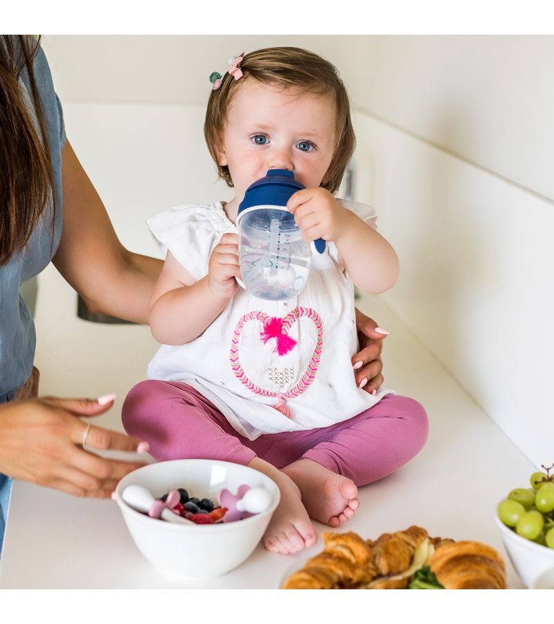 Εργονομικό κουτάλι-πιρούνι εκμάθησης με θήκη BabyOno Pink BN969/01 12 μηνών+