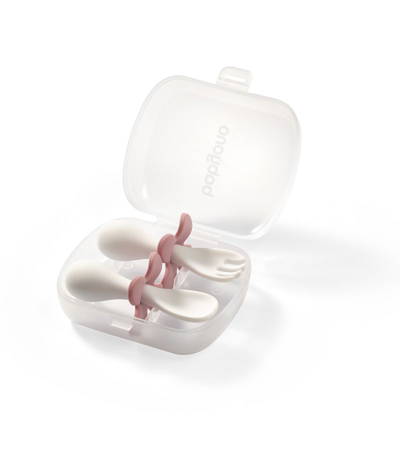 Εργονομικό κουτάλι-πιρούνι εκμάθησης με θήκη BabyOno Pink BN969/01 12 μηνών+