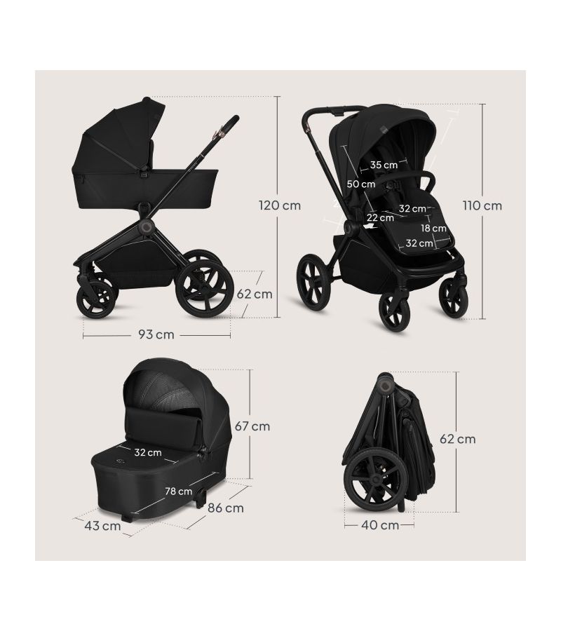 Lionelo Freya Καρότσι Βρεφικό 3 σε 1 έως 22kg με αναδιπλούμενο Πορτ-Μπεμπέ Black