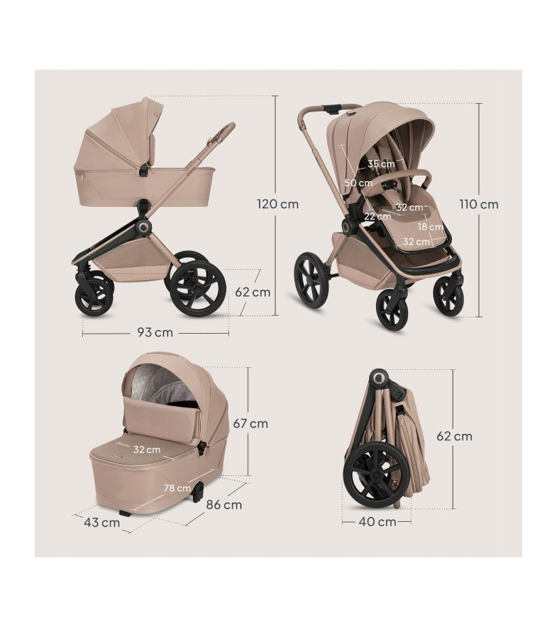 Lionelo Freya Καρότσι Βρεφικό 3 σε 1 έως 22kg με αναδιπλούμενο Πορτ-Μπεμπέ Beige Sand