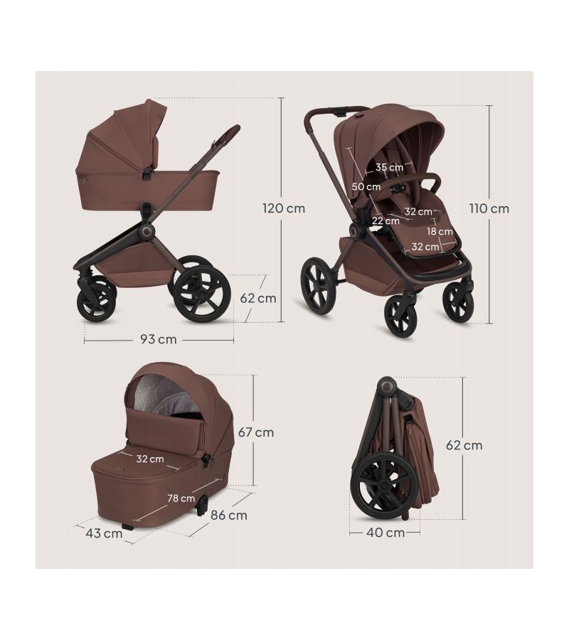 Lionelo Freya Καρότσι Βρεφικό 3 σε 1 έως 22kg με αναδιπλούμενο Πορτ-Μπεμπέ Brown Chocolate