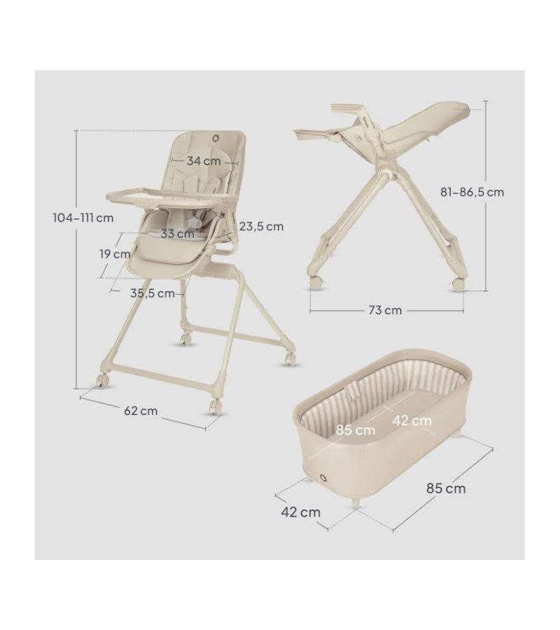 Lionelo Maddie Set Λίκνο-Ρηλάξ & Καρεκλάκι Φαγητού 3 σε 1 Beige