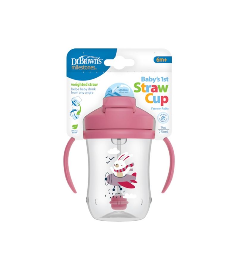 Κύπελλο 270ml με εύπλαστο καλαμάκι DR BROWN\'S Baby\'s First Straw Cup, Ροζ Λαγουδάκι TC91011-P