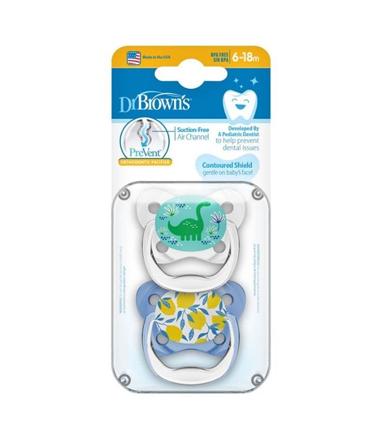 Πιπίλα ορθοδοντική με σχέδια DR BROWN\'S Prevent 6-18 μηνών, δεινόσαυρος (2 τεμ) PV22402